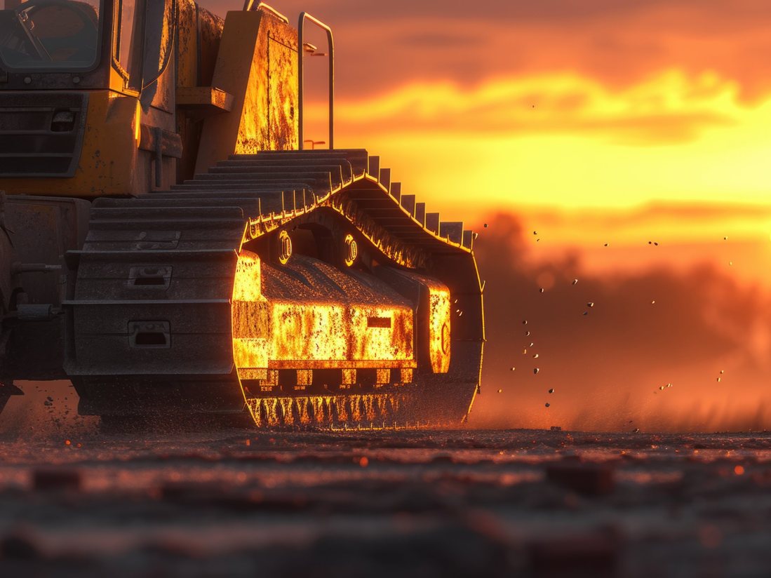 A tracked machine at work in low sunlight.