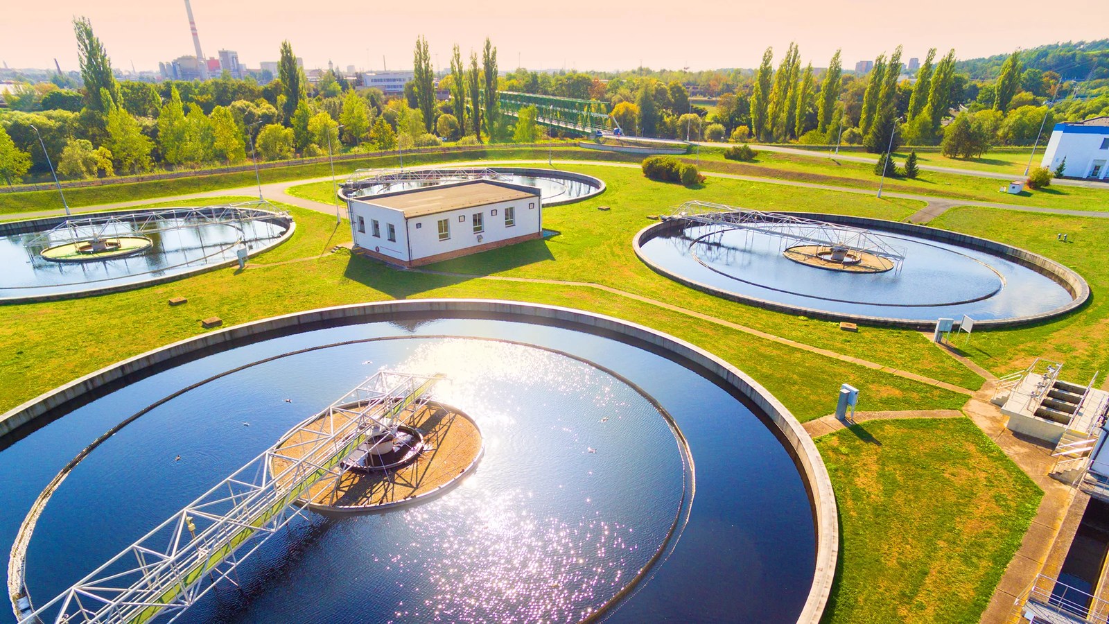 A water treatment plant seen from above.